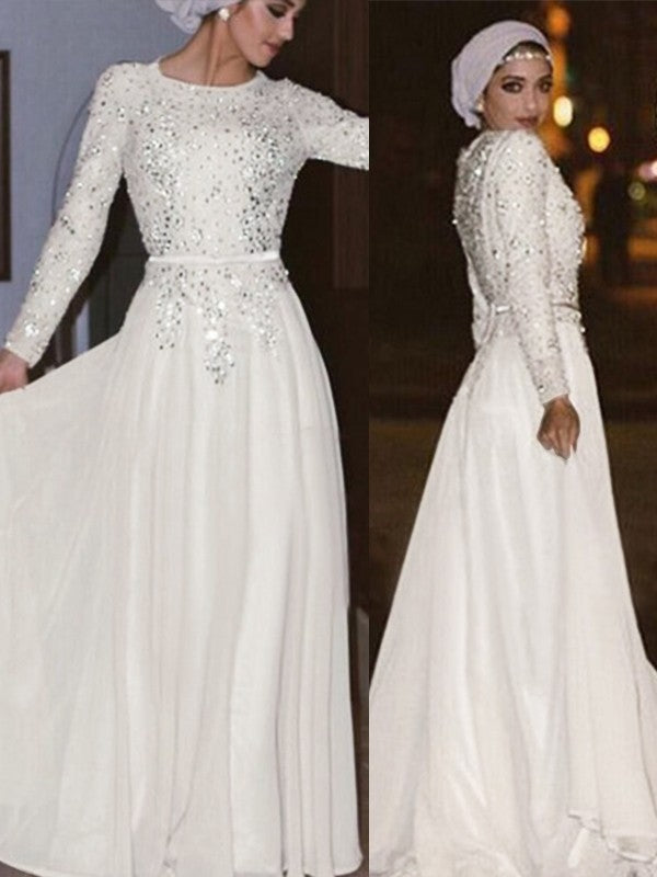 Ivory Chiffon A-Line Floor-Length Dress with Scoop Neck and Full-coverage Sequin Embellishment