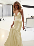 Champagne Satin Mermaid V-Neck Floor-Length Dress