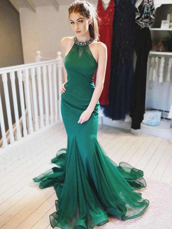 Trumpet/Mermaid Sleeveless Halter Sweep/Brush Train Ruffles Organza Dresses