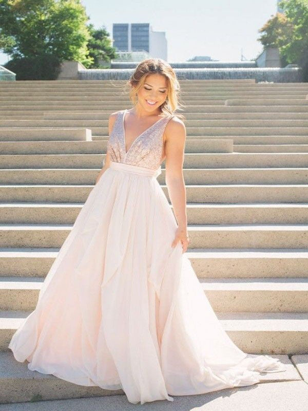 Blushing Pink Sequin A-Line Chiffon Floor-Length Dress