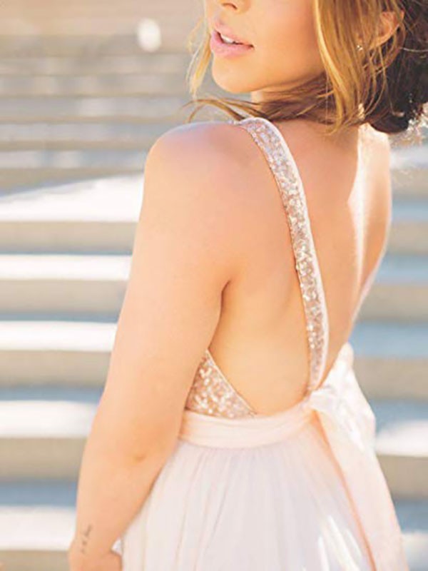 Blushing Pink Sequin A-Line Chiffon Floor-Length Dress