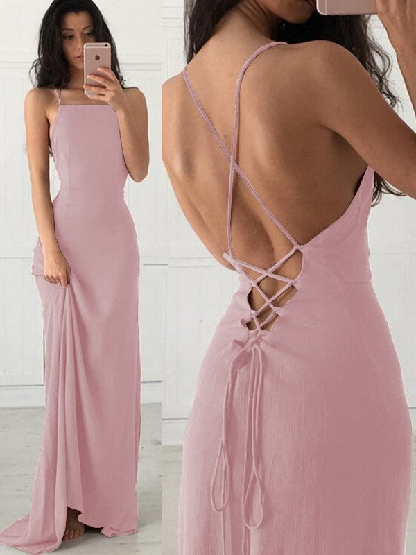Blushing Pink Chiffon A-Line Floor-Length Bridesmaid Dress with Lace-up Back