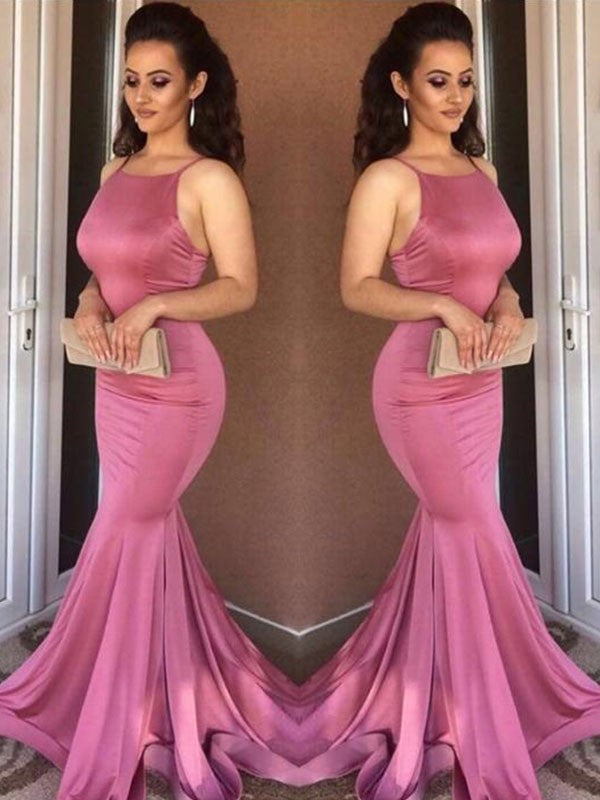 Vestidos de satén estilo trompeta/sirena sin mangas con tirantes y cola larga con volantes