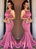 Pink Satin Mermaid Floor-Length Evening Dress with Square Neck & Spaghetti Straps
