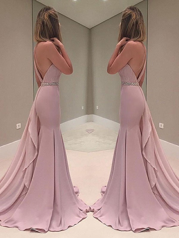 Trumpet/Mermaid Sleeveless One-Shoulder Sweep/Brush Train Ruffles Chiffon Dresses