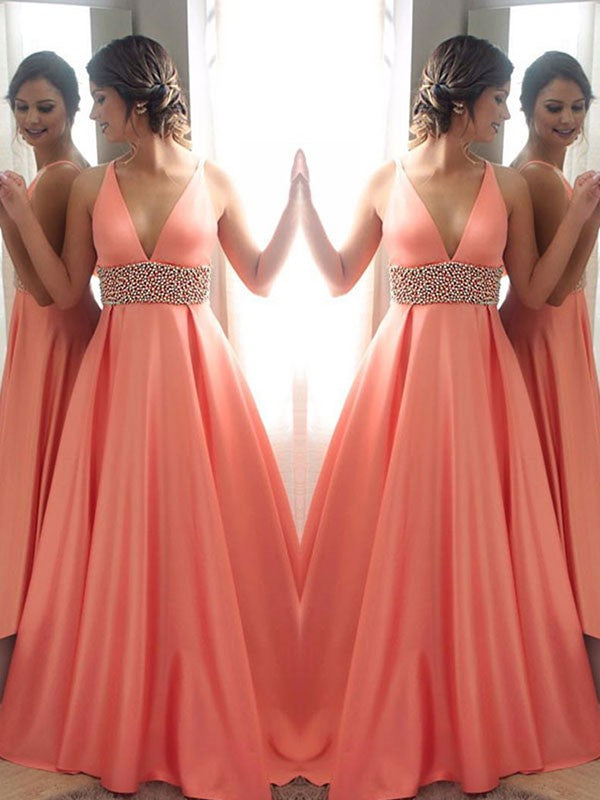 Vestidos de satén con cuentas, corte princesa, sin mangas, escote en V y cola larga