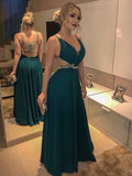 Emerald Chiffon A-Line Floor-Length Plunging V-Neck Backless