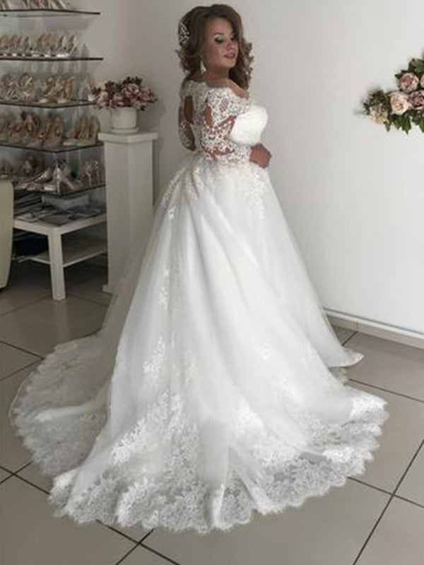 Vestidos de novia de tul con encaje, corte princesa, hombros descubiertos, mangas largas y cola de corte A