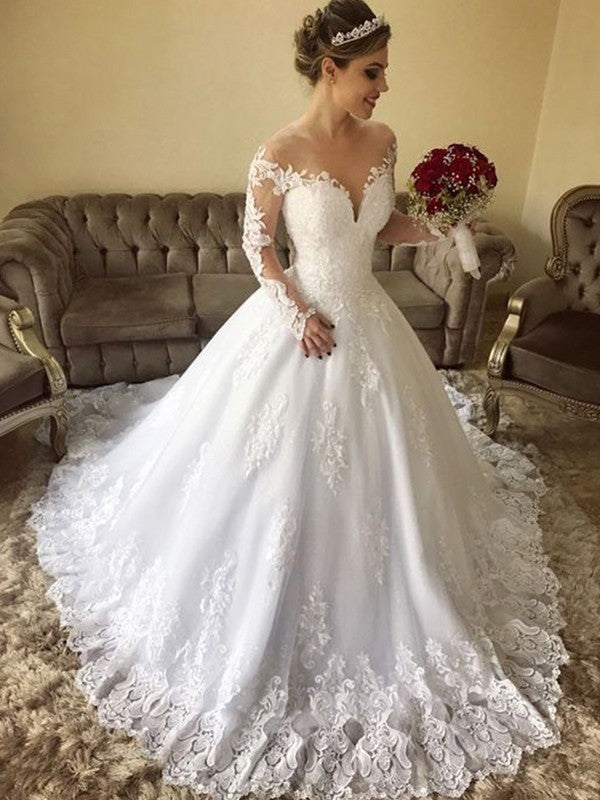 White Lace Ball Gown Evening Dress | Illusion Neck Long Sleeve