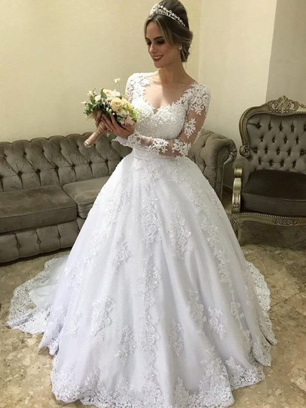 Vestido de novia de satén con escote en V, mangas largas y cola larga, apliques