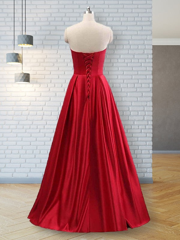 Red Satin A-Line Floor-Length Evening Dress with Straight Neck & Pockets