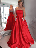 Red Satin A-Line Floor-Length Evening Dress with Straight Neck & Pockets