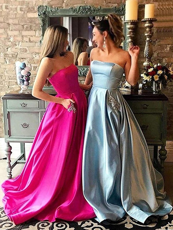 Red Satin A-Line Floor-Length Evening Dress with Straight Neck & Pockets