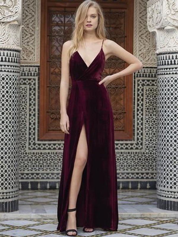 Vestidos de terciopelo con corte princesa, tirantes finos, sin mangas, hasta el suelo y volantes