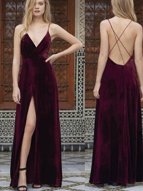 Vestidos de terciopelo con corte princesa, tirantes finos, sin mangas, hasta el suelo y volantes