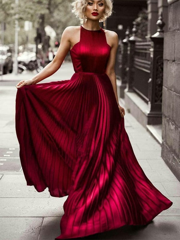 Burgundy Satin A-Line Halter Neckline Floor-Length Dress