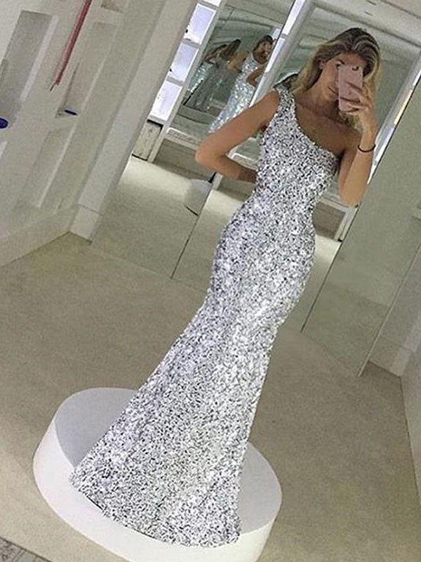 Silver Sequin One Shoulder Mermaid Floor-Length Dress for Prom & Formal Events