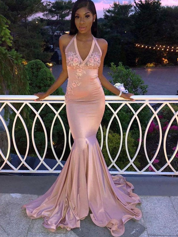 Blushing Pink Satin Mermaid Halter neckline Floor-Length Dress with Illusion Bodice and Floral Appliques