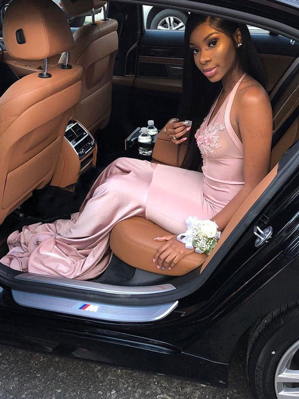 Blushing Pink Satin Mermaid Halter neckline Floor-Length Dress with Illusion Bodice and Floral Appliques