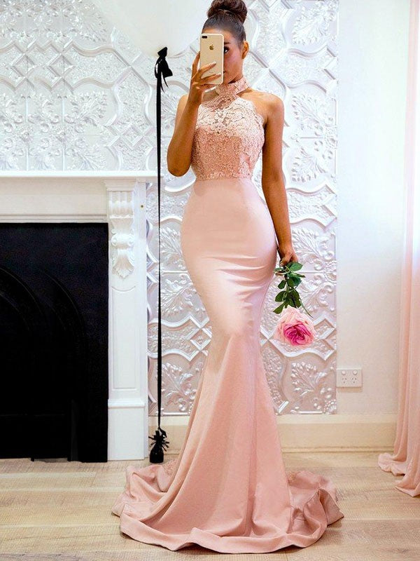Trumpet/Mermaid Sleeveless Halter Sweep/Brush Train Lace Charmeuse Dresses