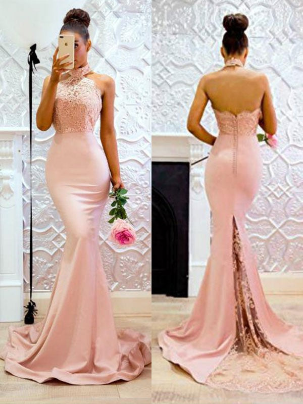 Trumpet/Mermaid Sleeveless Halter Sweep/Brush Train Lace Charmeuse Dresses