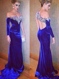 Royal Blue Velvet Mermaid Floor-Length Evening Dress with Beaded Bodice & Asymmetrical Sleeve