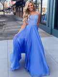Sky Blue Chiffon A-Line Floor-Length Gown with Sequin Bodice