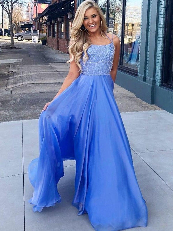 Sky Blue Chiffon A-Line Floor-Length Gown with Sequin Bodice