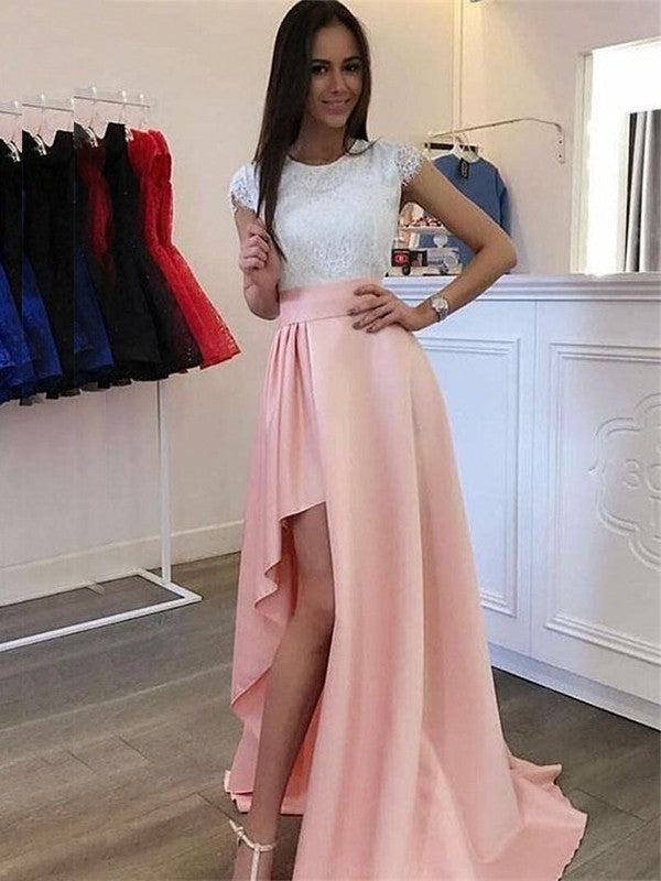 Pink Satin Asymmetrical A-Line Evening Dress with Lace Bodice