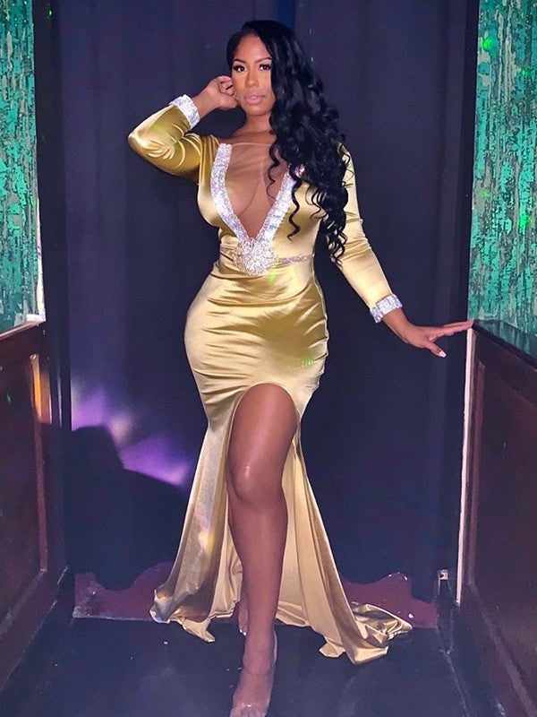 Gold Satin Mermaid Floor-Length Evening Dress with Plunging Illusion V-Neck & High Slit
