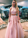Pink Tulle A-Line Floor-Length Dress with Halter neckline, Two-piece design, Lace appliques & Beaded details