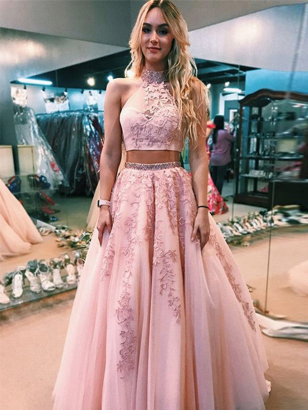 Pink Tulle A-Line Floor-Length Dress with Halter neckline, Two-piece design, Lace appliques & Beaded details