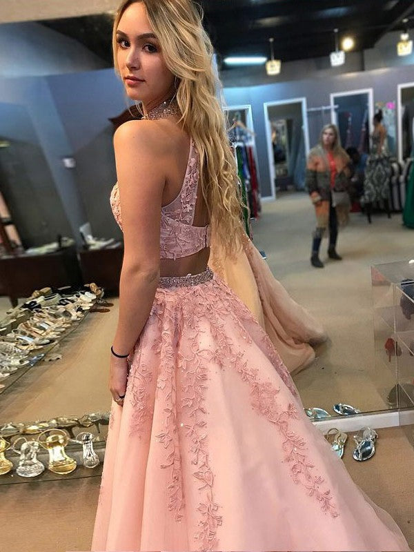Pink Tulle A-Line Floor-Length Dress with Halter neckline, Two-piece design, Lace appliques & Beaded details