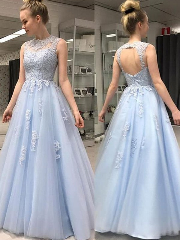 Vestidos de tul con apliques, corte princesa, sin mangas, cuello transparente y largo hasta el suelo