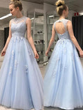 Vestidos de tul con apliques, corte princesa, sin mangas, cuello transparente y largo hasta el suelo