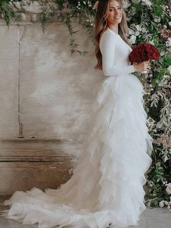 Romantic Ivory Tulle A-Line Bridesmaid Floor-Length Dress with Long Sleeves & Ruffled Skirt