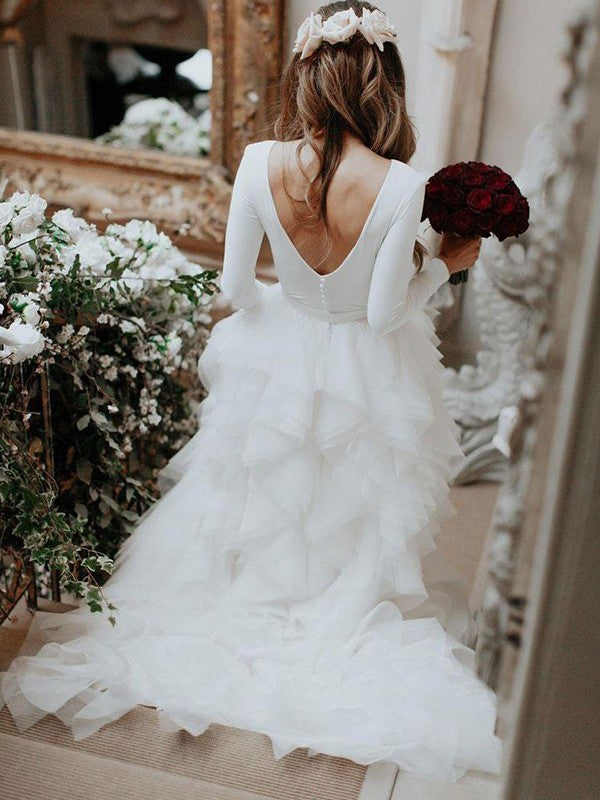 Romantic Ivory Tulle A-Line Bridesmaid Floor-Length Dress with Long Sleeves & Ruffled Skirt