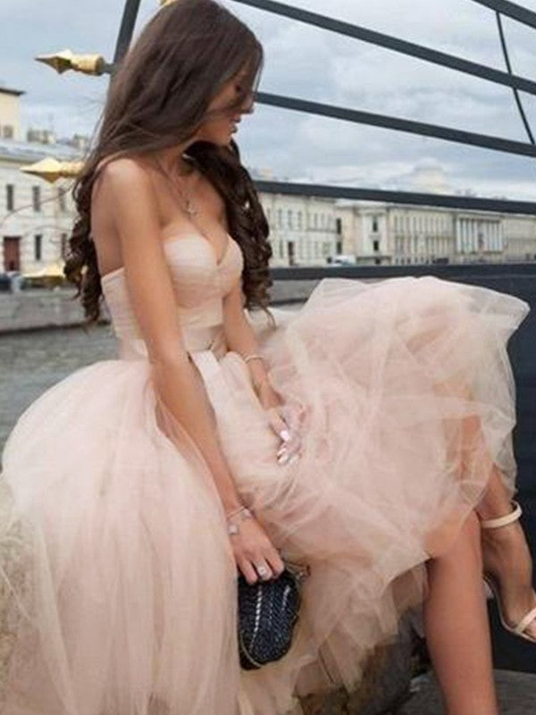Blushing Pink Satin & Tulle A-Line High-Low Dress with Sweetheart Bodice