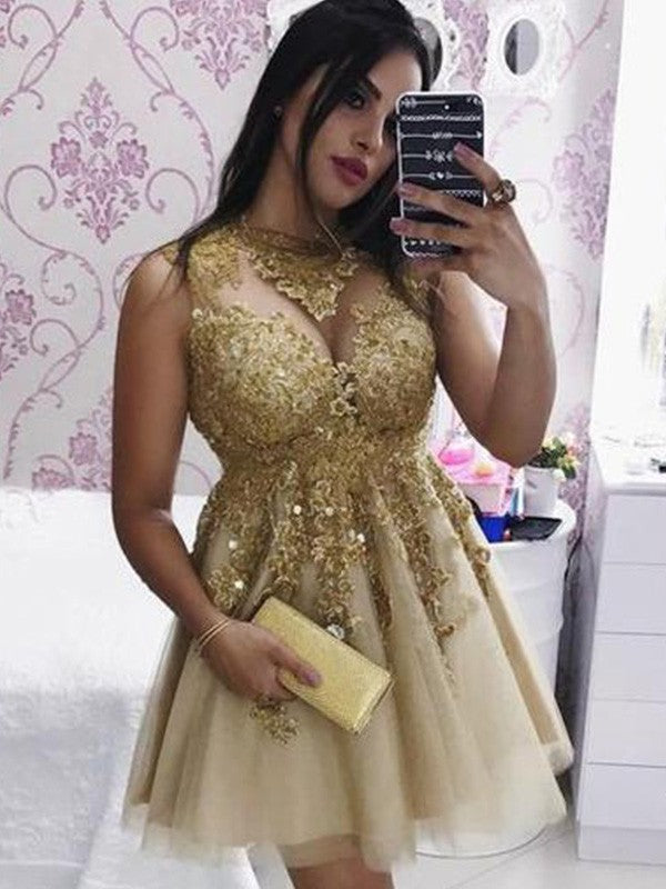 Vestidos de fiesta cortos/mini sin mangas con apliques de tul, corte A/princesa y cuello transparente