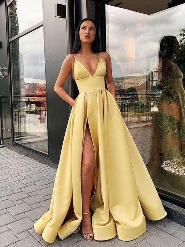 Black Satin A-Line Floor-Length Evening Dress with Plunging V-Neck and High Slit