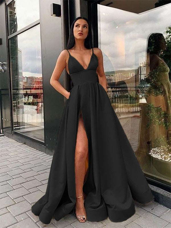 Black Satin A-Line Floor-Length Evening Dress with Plunging V-Neck and High Slit