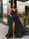 Black Satin A-Line Floor-Length Evening Dress with Plunging V-Neck and High Slit