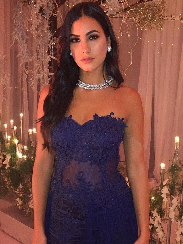 Dark Navy A-Line Sweetheart Lace Chiffon Floor-Length Dress