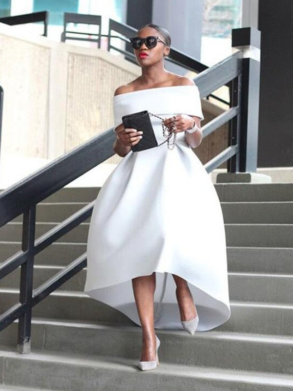 White Satin A-Line Asymmetrical Off-the-Shoulder Dress with High-Low Hem