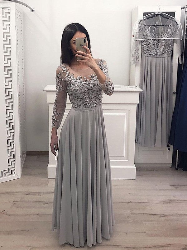 Grey Chiffon A-Line Floor-Length Dress with Illusion Lace Bodice