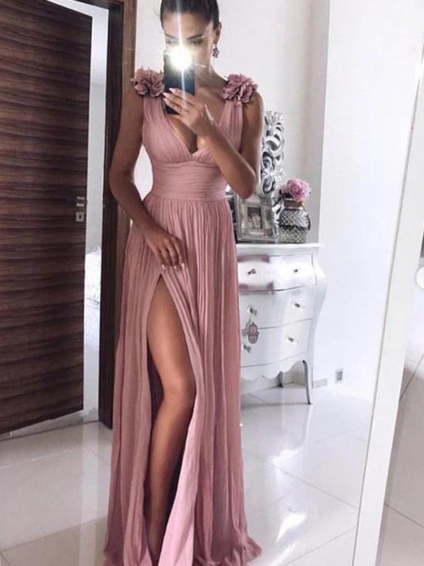 Dusty Rose Chiffon A-Line Floor-Length Bridesmaid Dress - V-Neck & High Slit