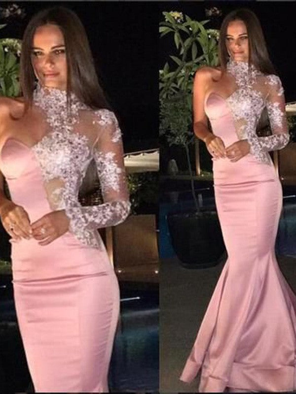 Blushing Pink Satin Mermaid Floor-Length Gown with Illusion Lace Neck