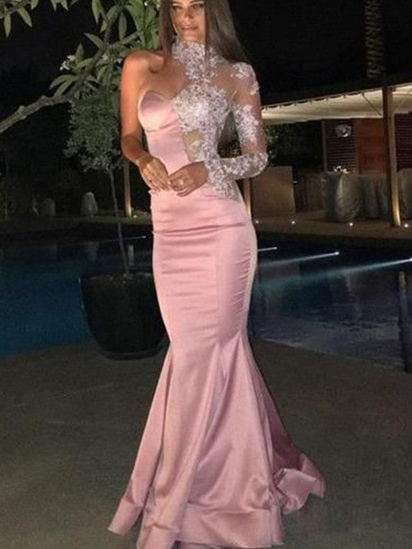 Blushing Pink Satin Mermaid Floor-Length Gown with Illusion Lace Neck