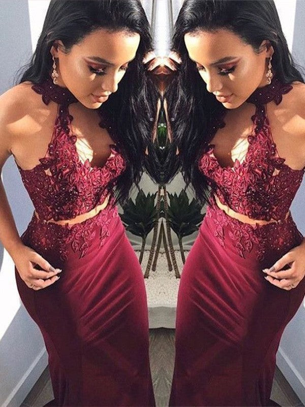 Burgundy Satin Mermaid Long Evening Dress with Halter Deep V-neck & Lace Appliqué