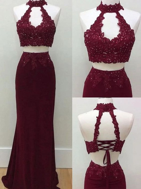 Burgundy Satin Mermaid Long Evening Dress with Halter Deep V-neck & Lace Appliqué